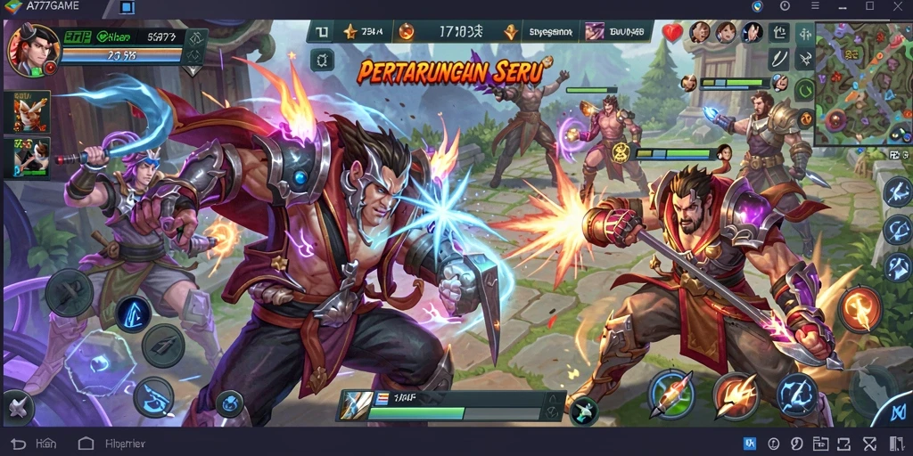 Tampilan aksi intens dalam pertempuran A777GAME di arena MOBA.