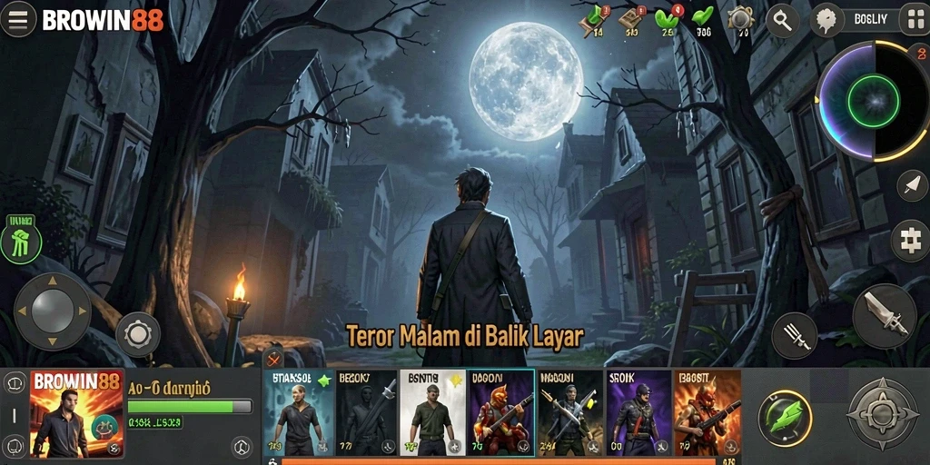Screenshot gameplay BROWIN88 menampilkan aksi mendebarkan di lokasi angker.
