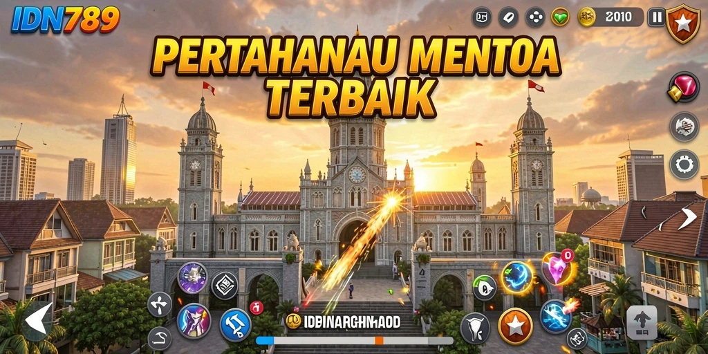 Tampilan gameplay IDN789 dengan pertahanan menara yang strategis.